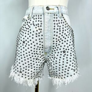 Vintage 90s Studded Frayed Jeans  High Waisted Denim Shorts, size 7 Jr.